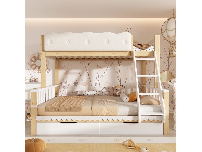 Lit superposé enfant 90x200 et 140x200 cm avec tiroirs et porte-revues, blanc chêne - Conforama D