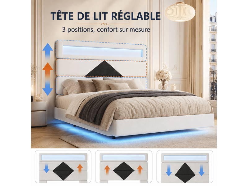  Lit double 140x190 cm avec lumières led, lit flottant rembourré, tête de lit avec fonction chargement usb, tissu en velours, blanc  - Conforama C