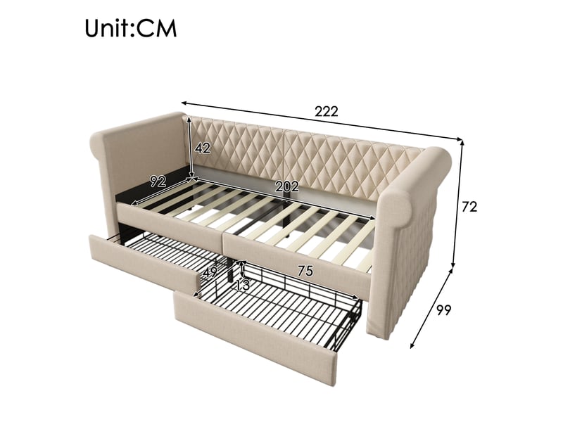  Modenvie lit banquette 90x200 cm - avec 2 tiroirs de rangement en tissu lin, sans matelas - beige  - Conforama C