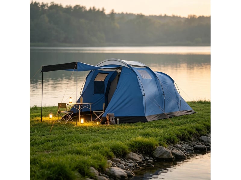  Tente tunnel 4 personnes 460 x 260 x 190 cm bleue en polyester, double paroi imperméable 3000 mm  - Conforama B