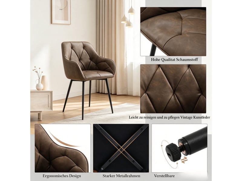  Chaises de salle à manger lot de 2  - dossier ergonomique pieds métal simili cuir marron foncé  - Conforama E