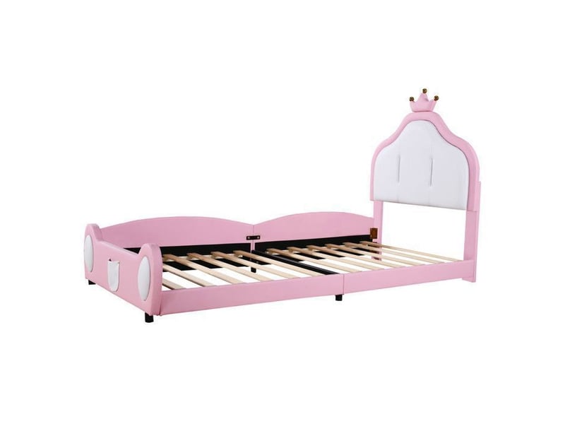  Lit rembourré pour enfants - 90x200 cm - similicuir - design patchwork bicolore - tête de lit avec corniche 210x97x117cm - Conforama D