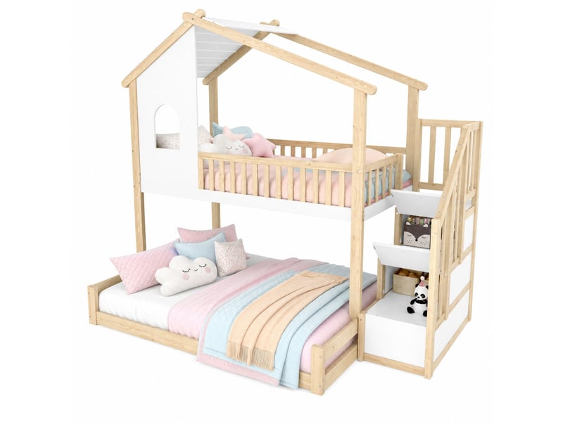  Lit superposé enfant 90x200 et 140x200 cm avec escalier de rangement, naturel blanc  - Conforama A