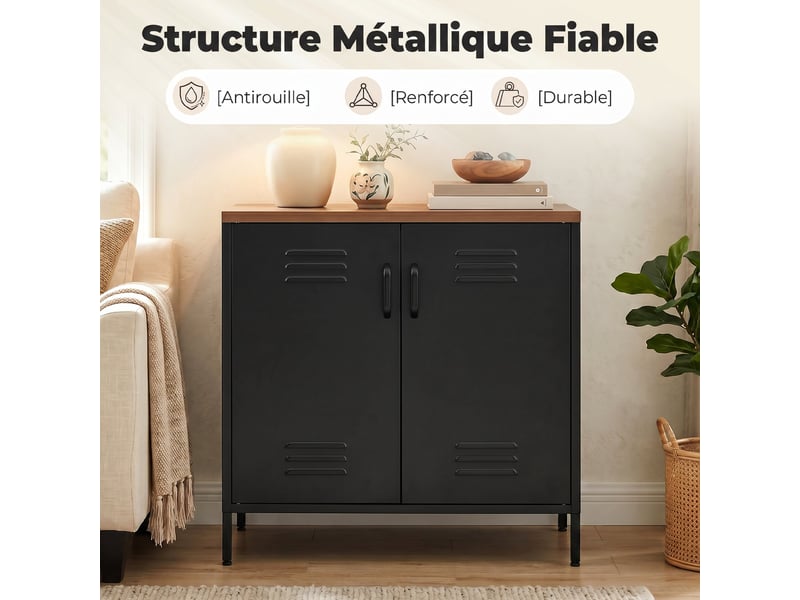 Buffet salon métallique, meuble de rangement industriel avec 2 portes et étagère réglable, noir, 80 x 40 x 80 cm  - Conforama A