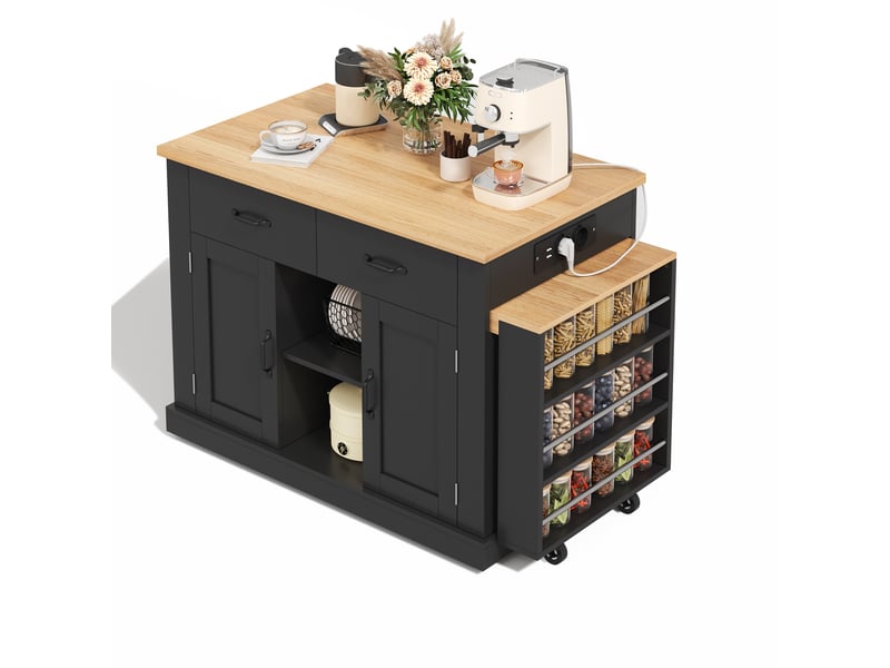 Desserte îlot de cuisine avec table extensible 132(235)x70x90 cm, mdf noir, prises+usb - Conforama D