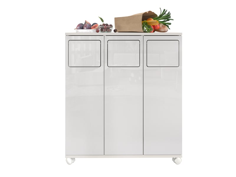  Meuble de tri des déchets 69,3 x 35 x 80,3 cm blanc brillant mdf, 3 portes et roulettes verrouillables  - Conforama A