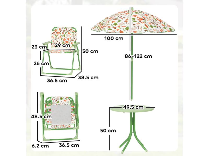 Ensemble de jardin pour enfants de 2 à 5 ans comprenant une table ronde, 2 chaises pliantes et un parasol, vert - Conforama D