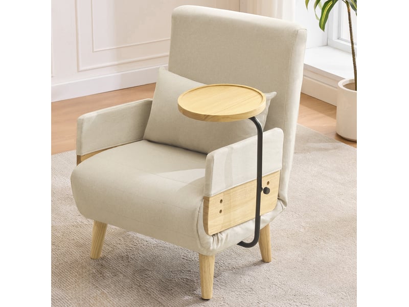  Fauteuil convertible 1 place avec dossier réglable et tablette pivotante en tissu beige  - Conforama B