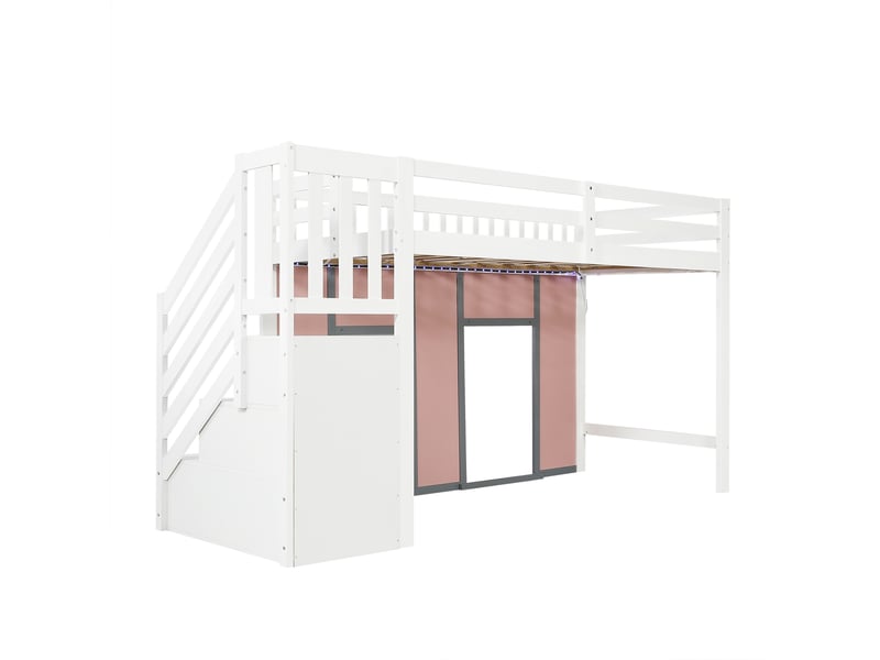  Lit superposé mi haut 90x200 cm blanc et rose bois massif mdf avec escalier de rangement éclairage led zone de jeu garde-corps et stickers décoratifs pour chambre enfant Sol Morn - Conforama A