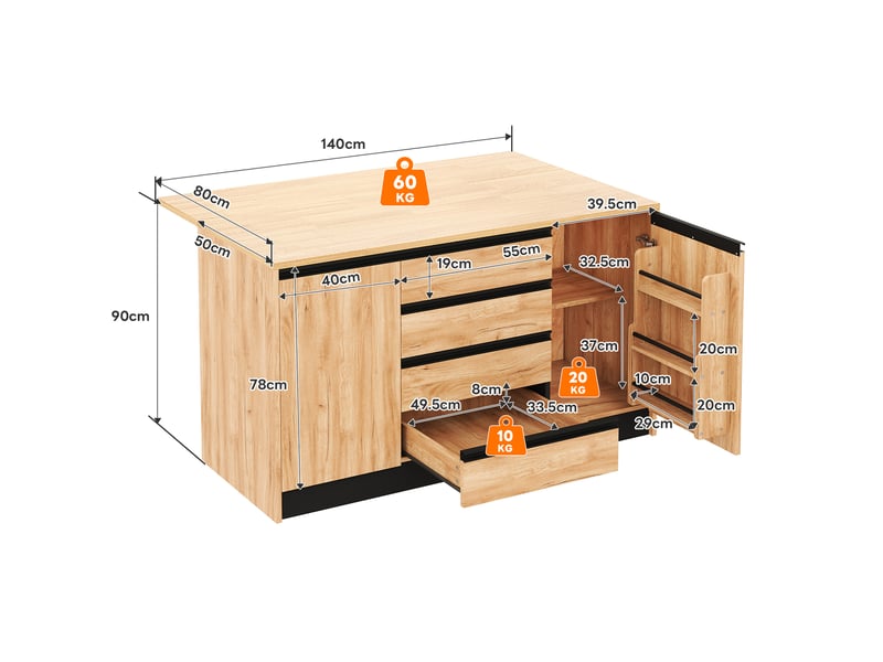 Îlot de cuisine 140x80x90 cm - extensible - grand rangement - rabattable - 4 tiroirs - mdf - gain de place - meuble de rangement - blanc CozyNest - Conforama D