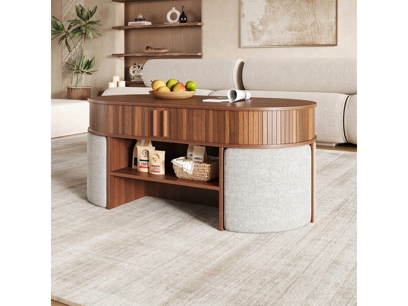  Table basse ovale avec poufs 120cm noyer - rangement et portes coulissantes  - Conforama C
