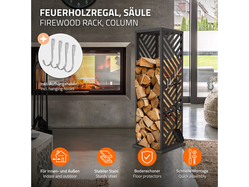  Ml-design range-bûches vertical en acier galvanisé 37,5 x 37,5 x 112 cm, intérieur et extérieur, motif de rayures, support colonne rangement bois de chauffage cheminée, 4 crochets, anthracite mat ECD Germany GmbH - Conforama B