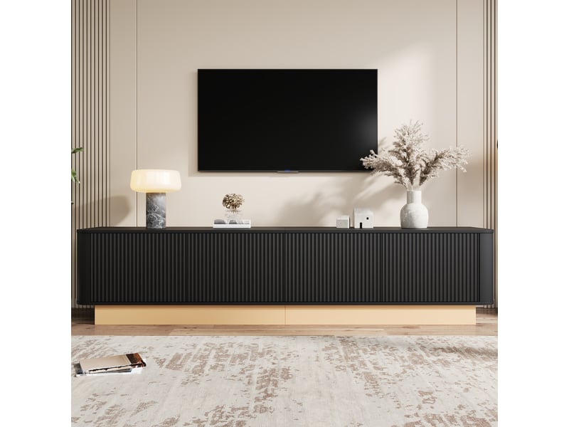Meuble tv 200 cm noir cannelé 4 portes avec étagères réglables - Conforama B