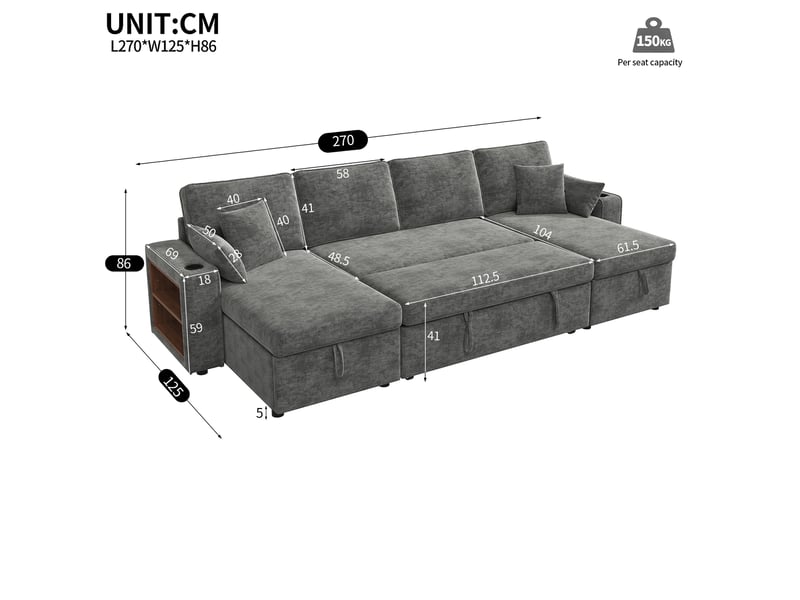  Canapé d’angle u convertible 4 places 270x125x86 cm, avec couchage, rangements, usbtype-c et tablettes, tissu chenille, gris Bubbly - Conforama D