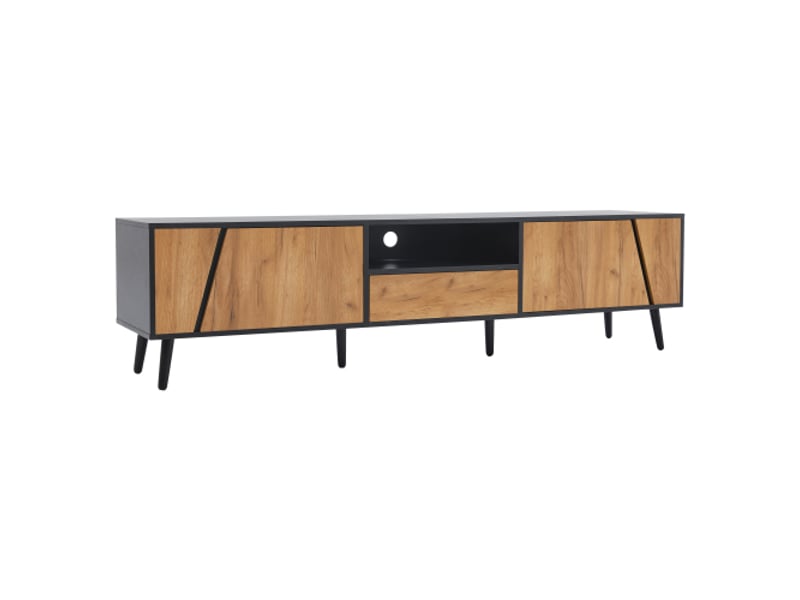 Meuble tv bas 180x40x46 cm – console bois massif moderne, tiroirs, 2 placards, 6 pieds, pour tv jusqu’à 75 pouces - Conforama A