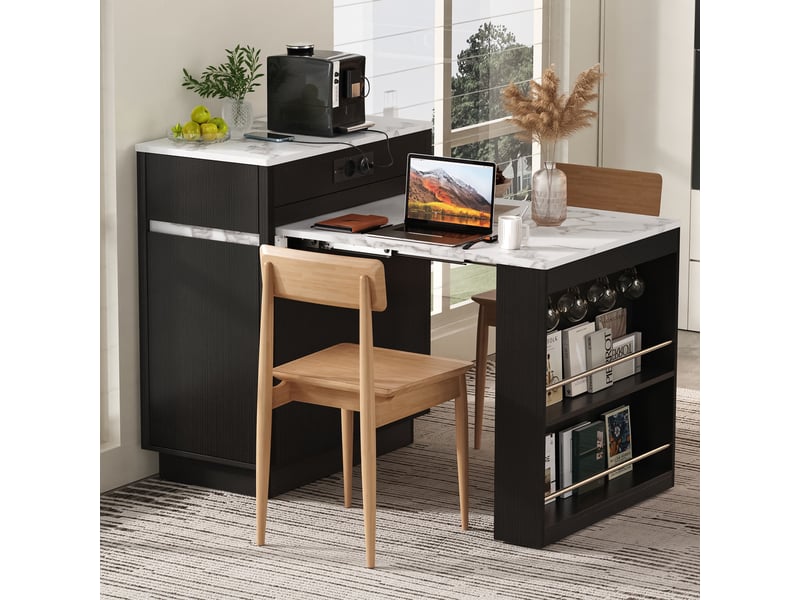  Ilot central de cuisine - 80,5x58x94cm - desserte extensible avec table, prises, led et roulettes - noir et bois  - Conforama D