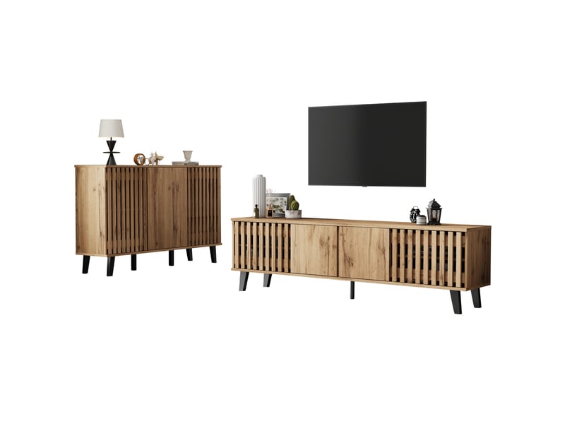  Meuble tv rangement 180 cm bois naturel portes niches salon chambre multi homvra  - Conforama A
