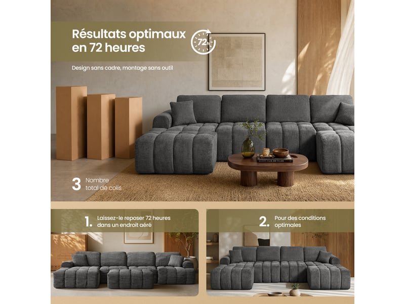  Ensemble canapé d'angle modulable et pouf, convertible en tissu chenille pour salon, gris  - Conforama E