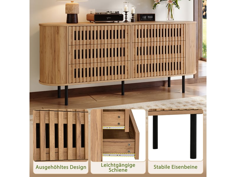  Buffet naturel 160 × 40 × 70 cm, en mdf et métal, avec 6 tiroirs et pieds en métal et façades texturées  - Conforama C