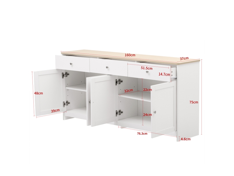  Buffet moderne 160cm, 4 portes et 3 tiroirs, étagères réglables, pour salon et salle à manger, blanc  - Conforama C
