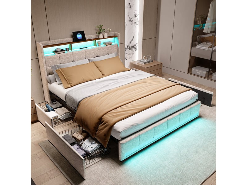  Lit avec rangement 140x190 cm en cuir pu avec led, prises usb et sommier à lattes – matelas non inclus  - Conforama D