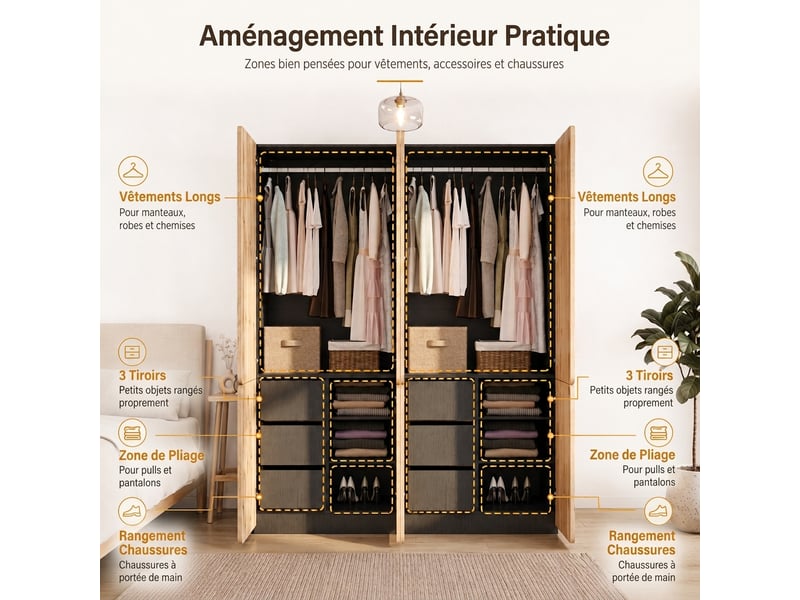  Armoire blanche 5 portes 135x48x200 cm avec led et 3 tiroirs  - Conforama R