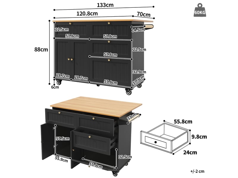  Îlot de cuisine noir extensible, meuble de rangement cuisine en mdf avec portes 3d et roulettes, 133x37.3x88cm  - Conforama W