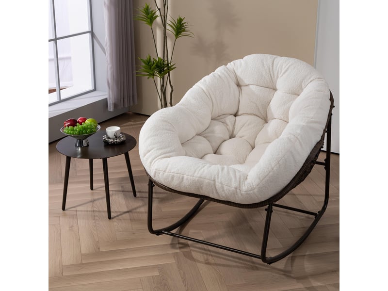 Fauteuil à bascule extérieur en résine tressée blanc avec coussin rembourré, pour terrasse et jardin - Conforama B