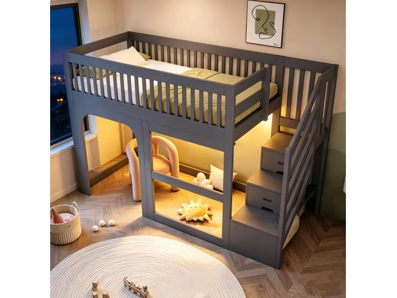 Lit mezzanine enfant 90 × 200 cm 1 place avec escalier de rangement, led et barrières, sans matelas, gris - Conforama C