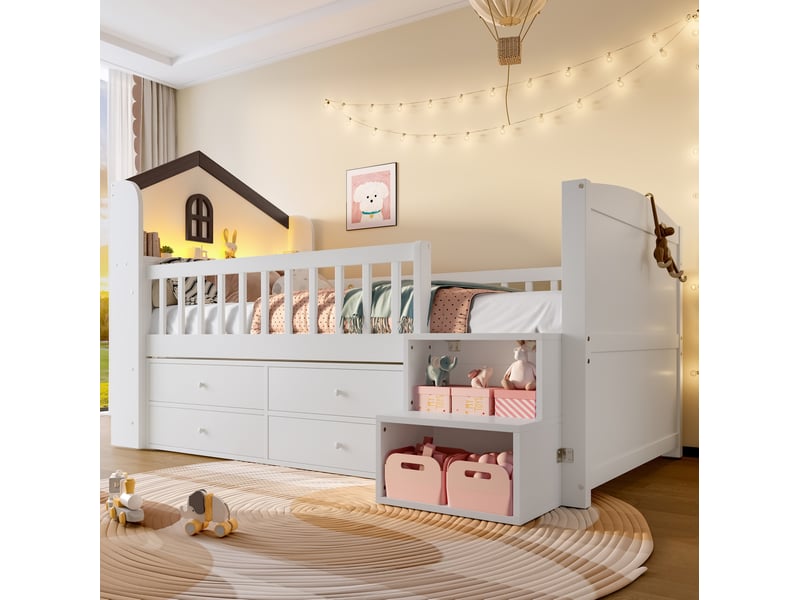  Lit enfant mi-hauteur 90x200 cm avec 4 tiroirs et led blanc  - Conforama B
