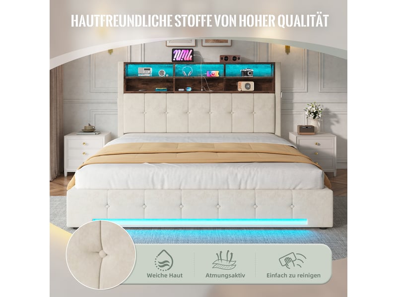  Lit coffre double 180×200 cm, 6 niches, led réglable et usb-c - okmyhome- velours beige, sans matelas  - Conforama E