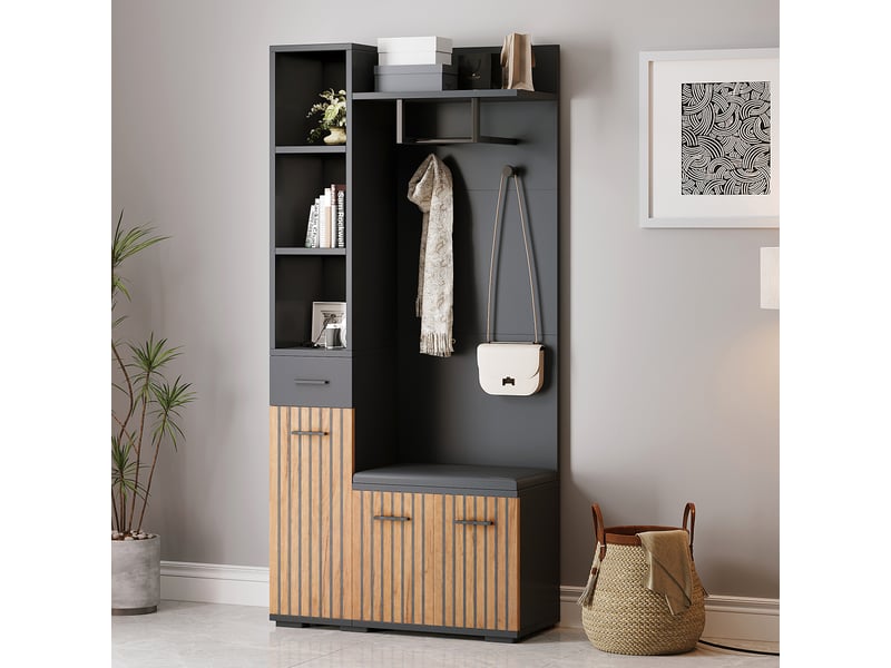  Portemanteau avec banc et rangement 80 x 175 cm en panneau de particules noir et bois  - Conforama B