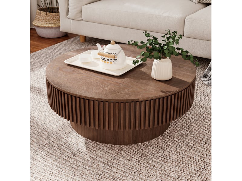  Table basse ronde avec rangement en bois et mdf, coloris noyer, 75 x 75 x 35 cm  - Conforama C