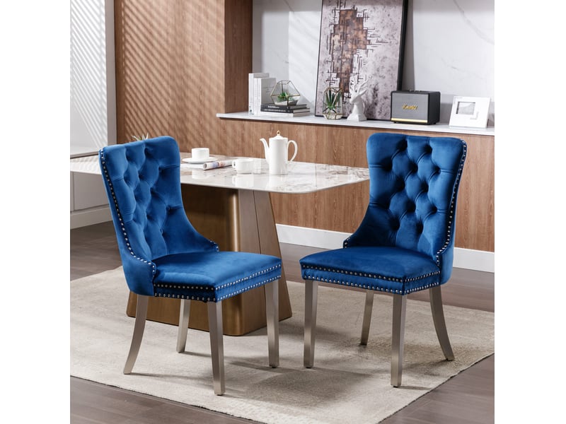  Lot de 2 chaises de salle à manger 62x50x95 cm, dossier haut capitonné, velours et bois, bleu et chromé  - Conforama B