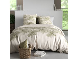 Parure housse de couette 240x220cm + 2 taies motif fleurs beige et vert 100% coton - artus