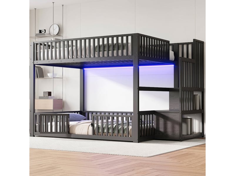  Lit superposé 140x200 avec rangement et led, métal, noir  - Conforama C