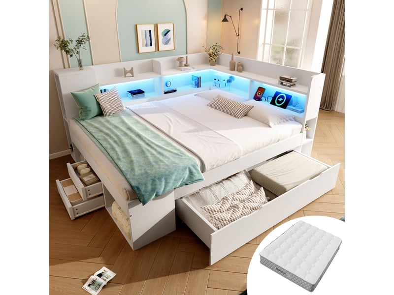 Lit 140x200 cm avec 3 tiroirs et led, lit double avec étagères et ports usb en bois blanc, matelas inclus - Conforama B