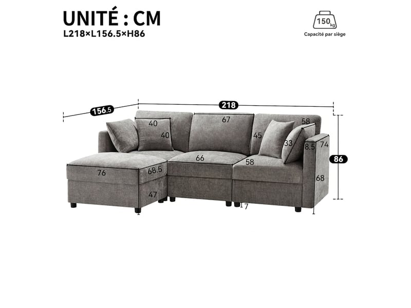  Canapé d'angle en l avec pouf 3 places en chenille gris - accoudoirs réglables 4 coussins  - Conforama C