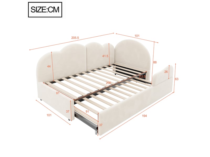  Lit gigogne, 90x200 cm, lit tiroir, avec tête de lit inspirée d’un nuage, matelas non inclus, velours, coloris beige  - Conforama C