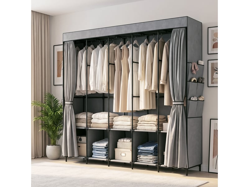  Armoire en tissu avec 5 tringles, 5 étagères, 6 poches latérales, fermeture éclair, structure en acier, 212 x 45 x 167 cm, grise  - Conforama D