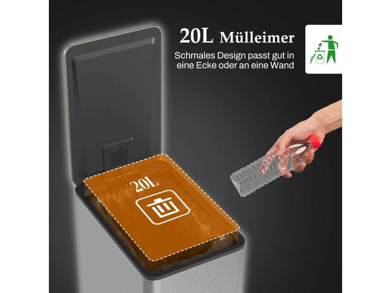 Poubelle à pédale 20 l en acier inoxydable argenté avec couvercle, seau amovible et fermeture douce - Conforama D