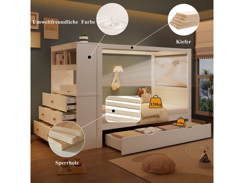 Lit avec tiroirs 90 x 200 cm rangement généreux 5 tiroirs tiroir à roulettes barrière de sécurité cadre en pin et pb blanc et naturel - Conforama E