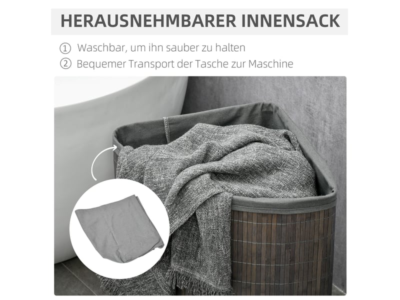  Panier à linge carré 38x38x57 cm avec couvercle et sac amovible bambou gris  - Conforama E