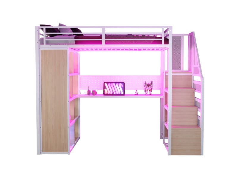 Lit mezzanine enfant 90x200 cm avec led, bureau long, armoire, rangement, escalier, métal+bois, blanc sans matelas  - Conforama A