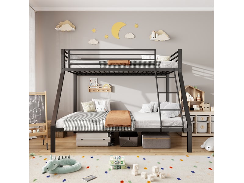 Lit superposé 90+140x200 cm avec barrières et échelle, métal noir, sans matelas - Conforama B