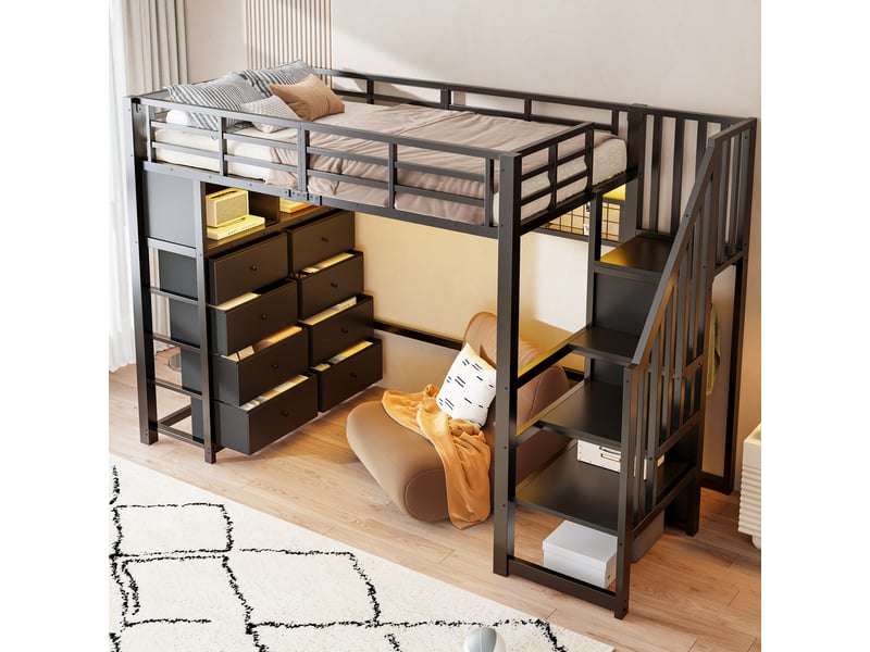  Lit mezzanine 90 × 200 cm, métal et mdf, 8 tiroirs, escalier-rangement, étagères, led, espace bureau, noir, 120 kg  - Conforama E