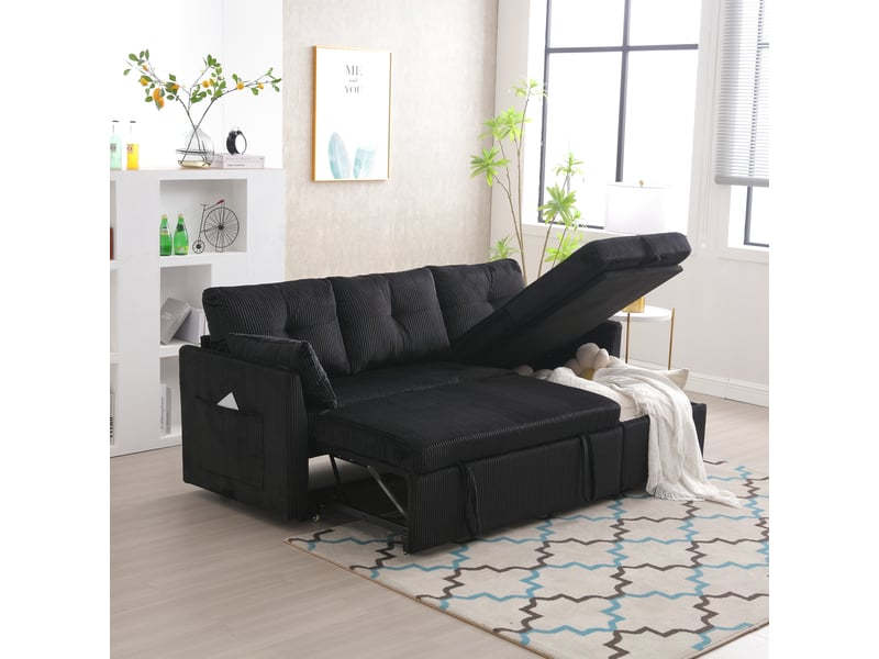  Canapé d’angle convertible avec rangement et méridienne réversible  - velours côtelé noir 206 × 108 × 66 cm  - Conforama B