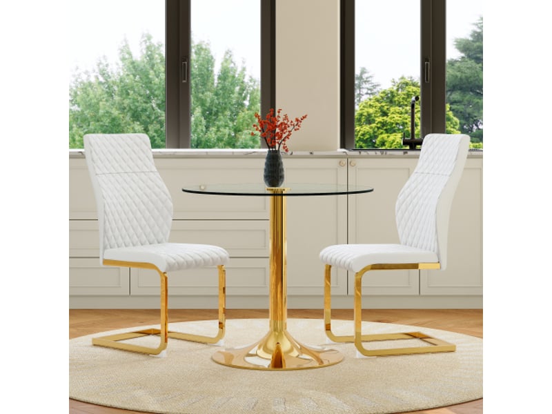  Table ronde en verre ø85 cm, pieds dorés – ensemble chic et léger avec 2 chaises blanches et dorées  - Conforama D
