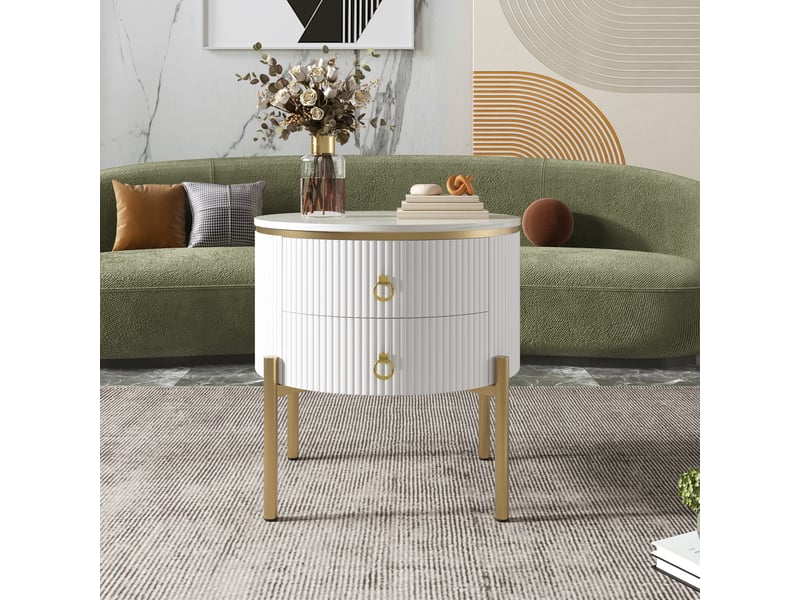  Table basse avec 2 tiroirs et pieds réglables, en mdf, blanc et or, 50 × 50 × 51 cm - uvrion  - Conforama C