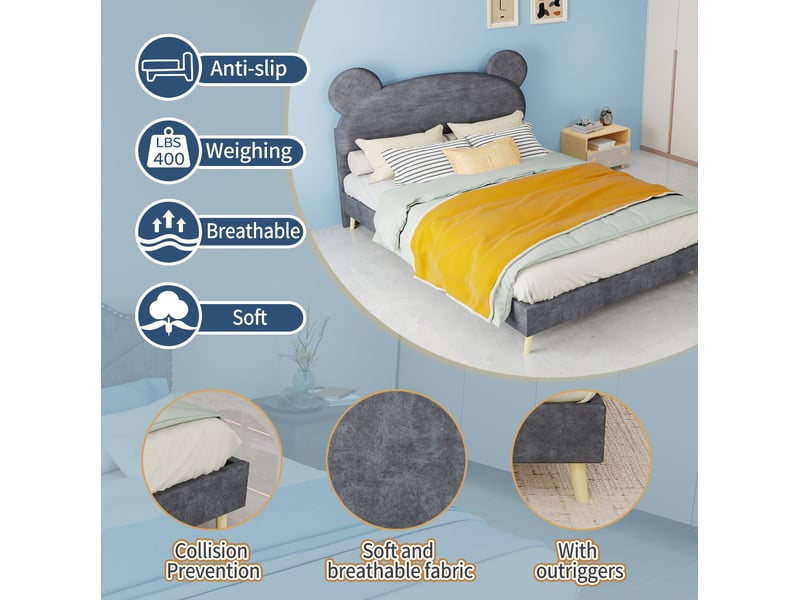  Lit enfant 140x200 cm avec matelas à ressorts ensachés 23 cm, tête de lit oreilles d’ours, tissu et métal gris  - Conforama E